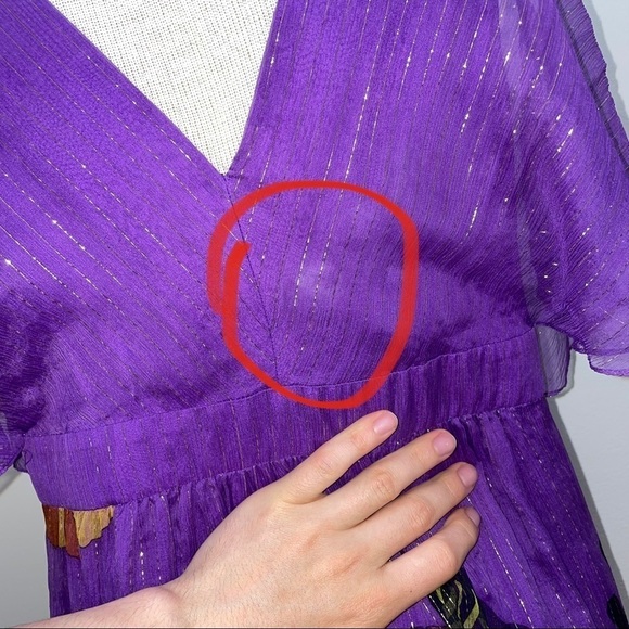 TIBI $495 Silk Dress Sz 10 Purple Floral Beads 100% Silk Metallic Empire Waist - Picture 11 of 14